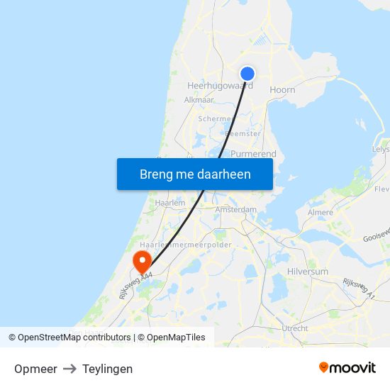 Opmeer to Teylingen map