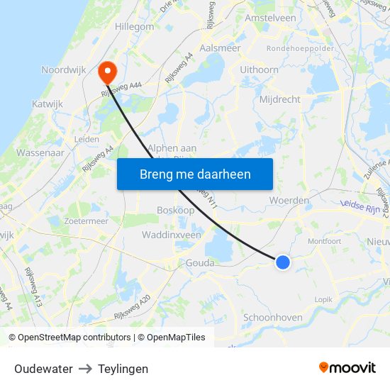 Oudewater to Teylingen map
