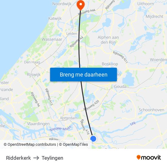 Ridderkerk to Teylingen map