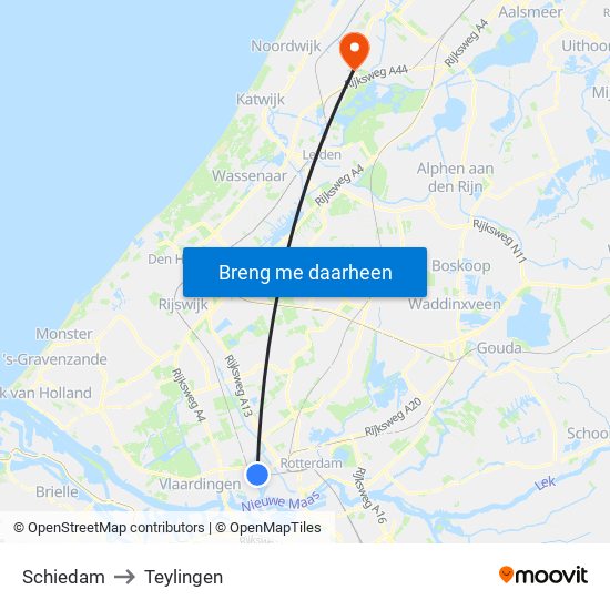 Schiedam to Teylingen map