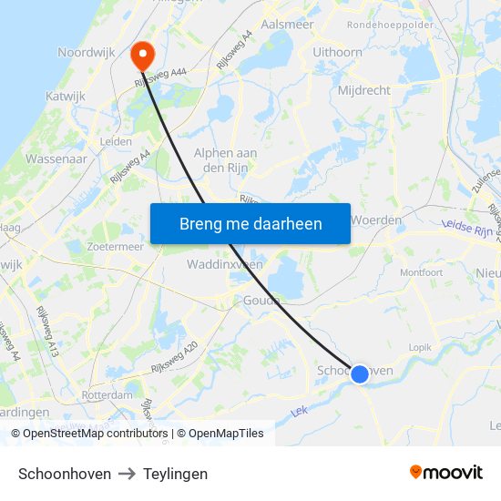 Schoonhoven to Teylingen map