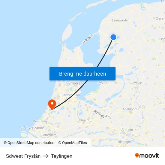 Sdwest Fryslân to Teylingen map