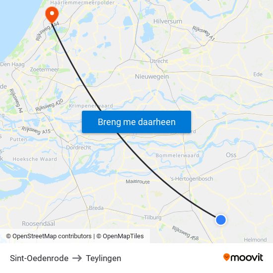 Sint-Oedenrode to Teylingen map