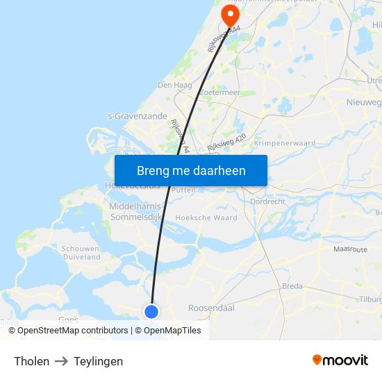 Tholen to Teylingen map