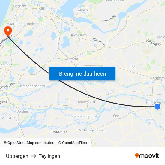 Ubbergen to Teylingen map