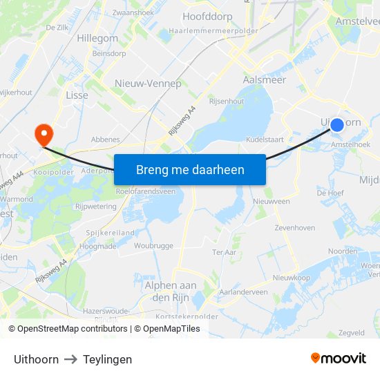 Uithoorn to Teylingen map
