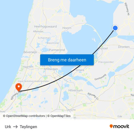 Urk to Teylingen map