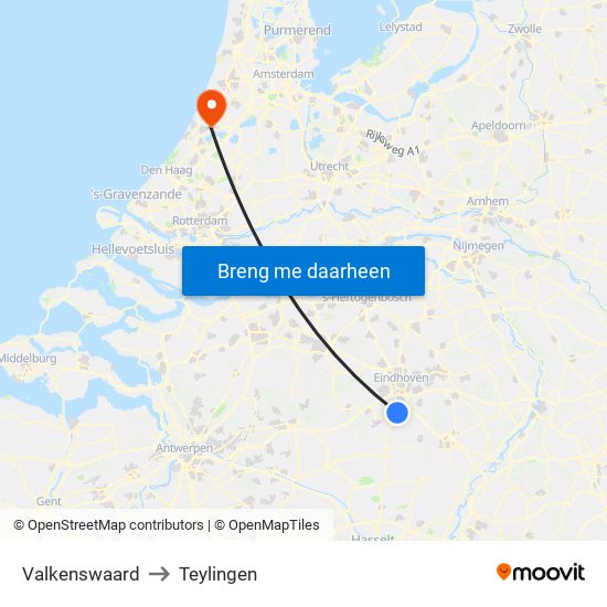 Valkenswaard to Teylingen map