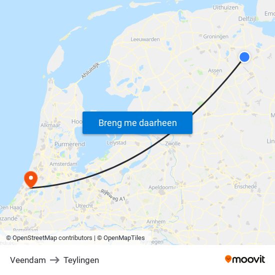 Veendam to Teylingen map