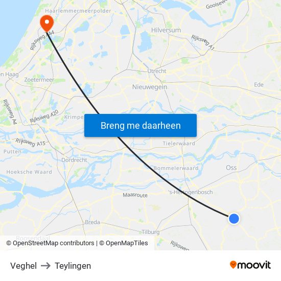 Veghel to Teylingen map