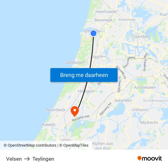 Velsen to Teylingen map