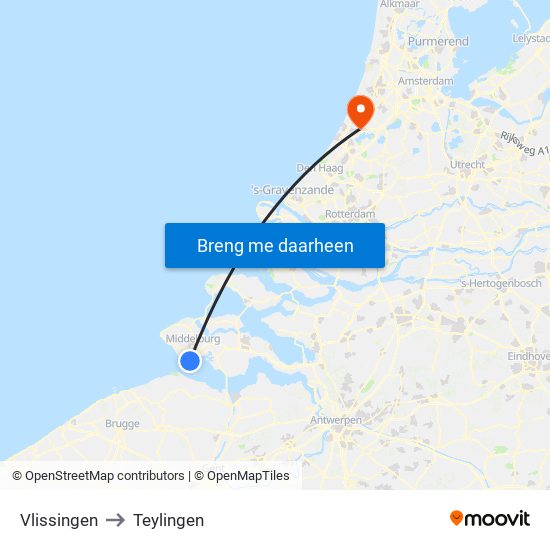 Vlissingen to Teylingen map