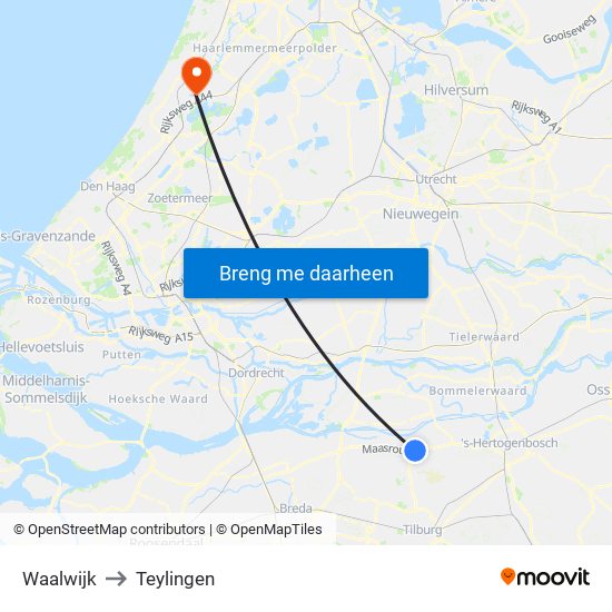 Waalwijk to Teylingen map