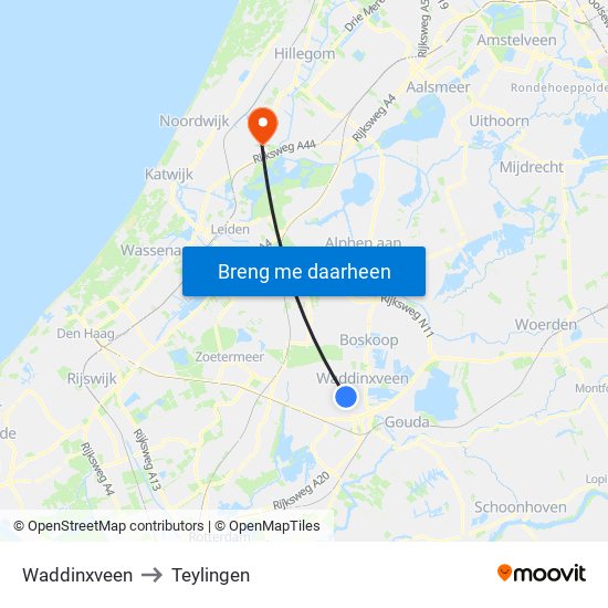 Waddinxveen to Teylingen map