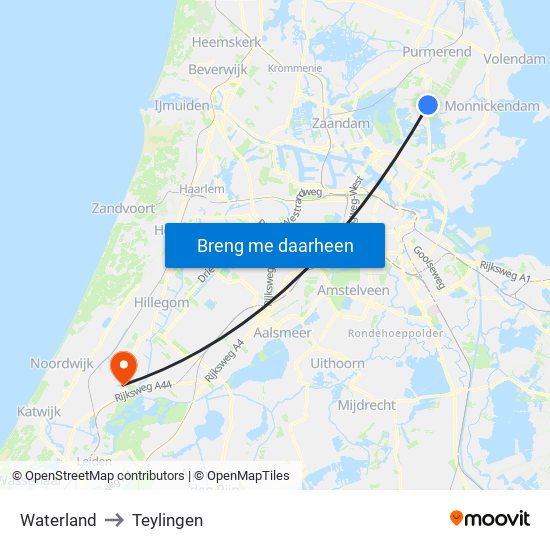 Waterland to Teylingen map