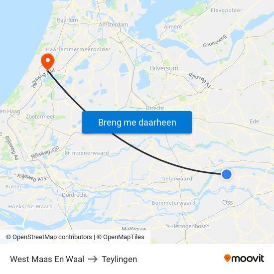 West Maas En Waal to Teylingen map