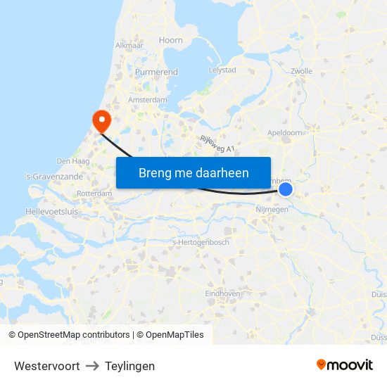 Westervoort to Teylingen map