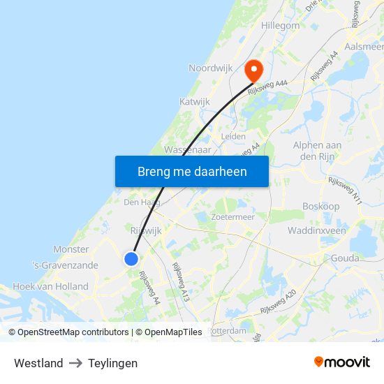 Westland to Teylingen map