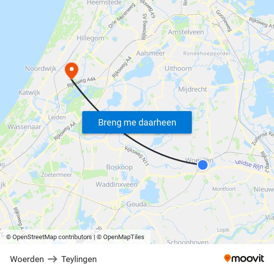 Woerden to Teylingen map