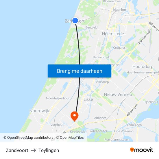 Zandvoort to Teylingen map