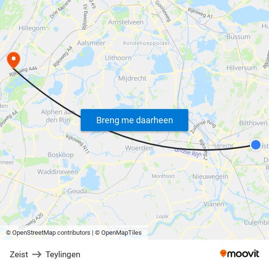 Zeist to Teylingen map