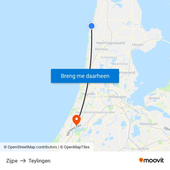Zijpe to Teylingen map