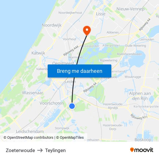 Zoeterwoude to Teylingen map