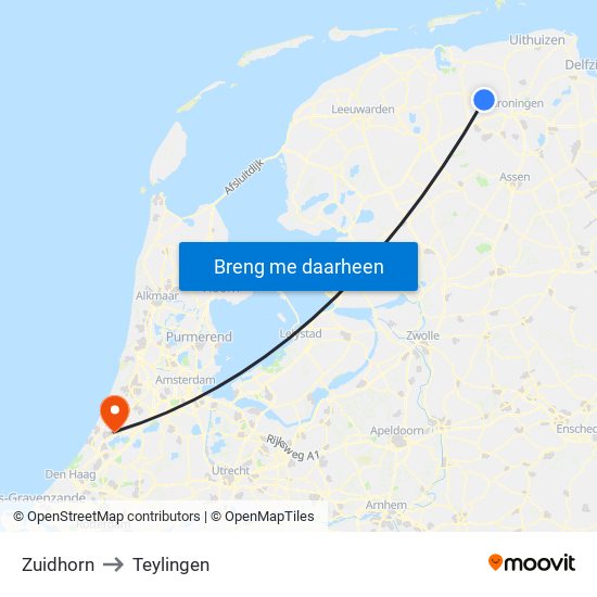 Zuidhorn to Teylingen map