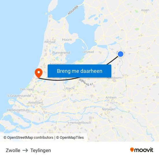Zwolle to Teylingen map