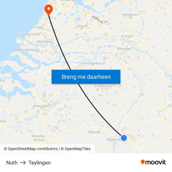 Nuth to Teylingen map
