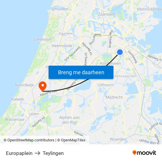 Europaplein to Teylingen map