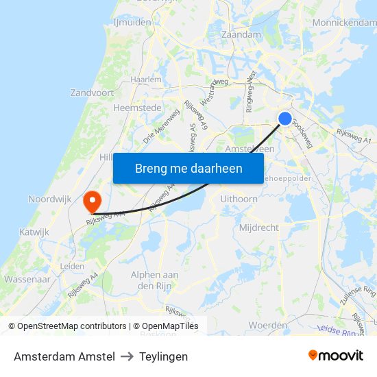 Amsterdam Amstel to Teylingen map