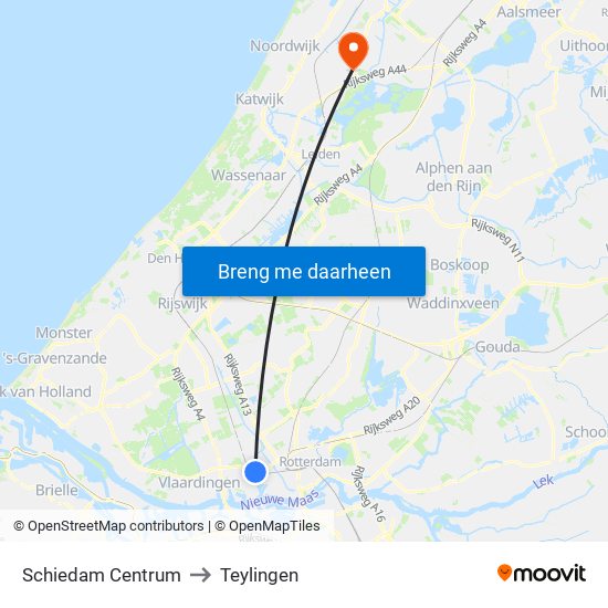 Schiedam Centrum to Teylingen map