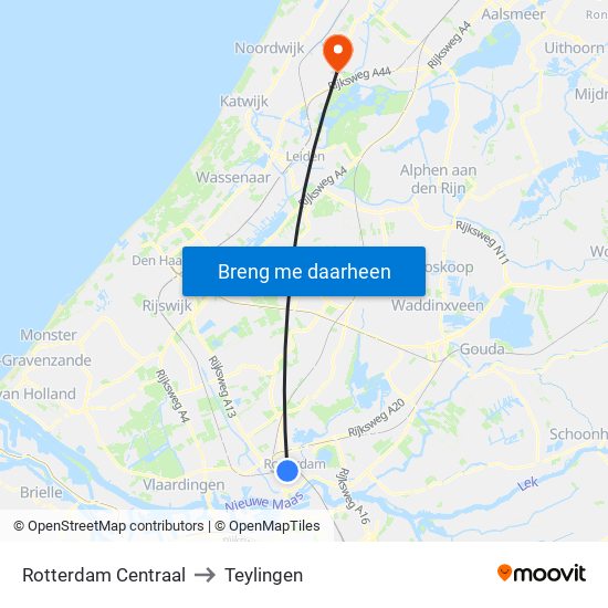 Rotterdam Centraal to Teylingen map