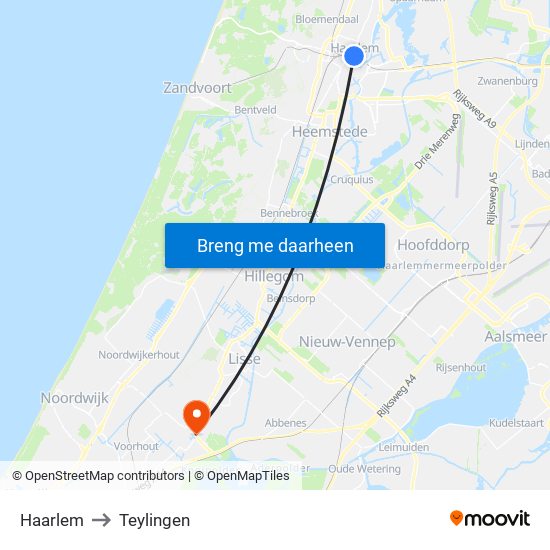 Haarlem to Teylingen map
