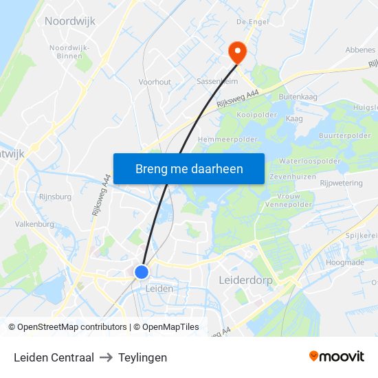 Leiden Centraal to Teylingen map