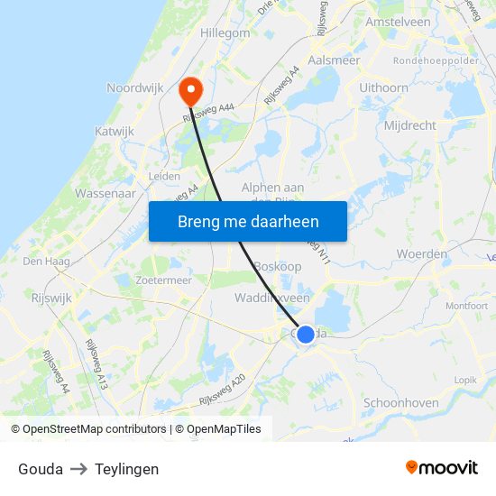 Gouda to Teylingen map