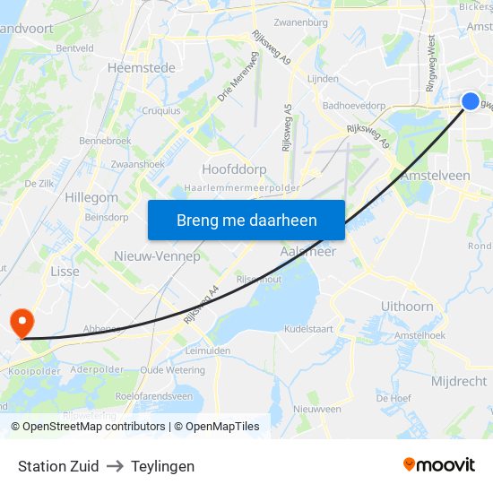 Station Zuid to Teylingen map