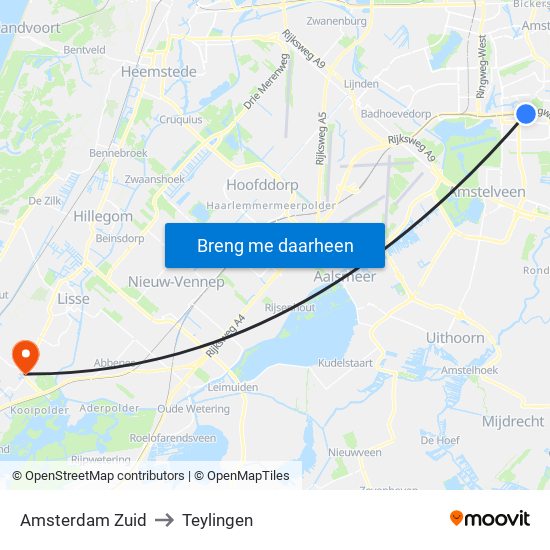 Amsterdam Zuid to Teylingen map
