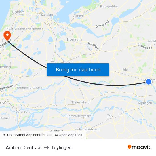 Arnhem Centraal to Teylingen map