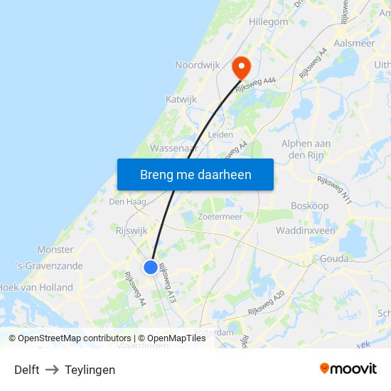 Delft to Teylingen map