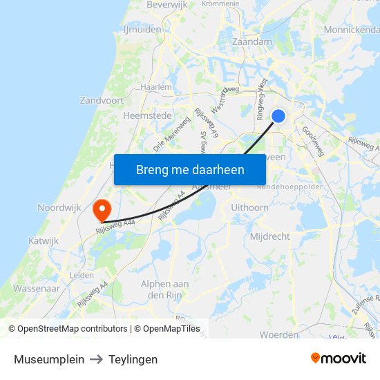 Museumplein to Teylingen map