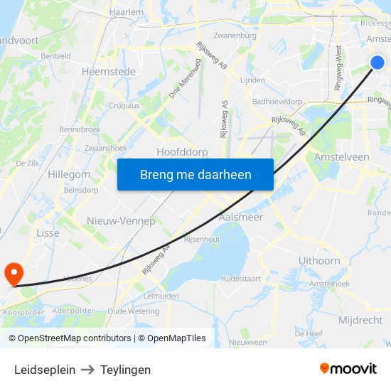 Leidseplein to Teylingen map