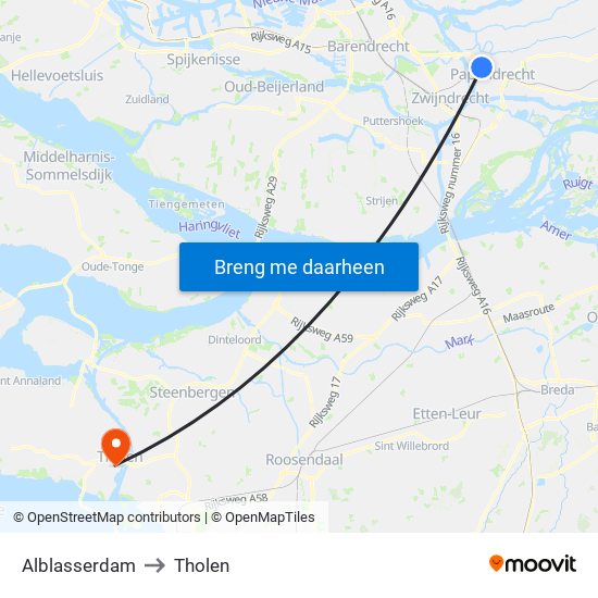 Alblasserdam to Tholen map