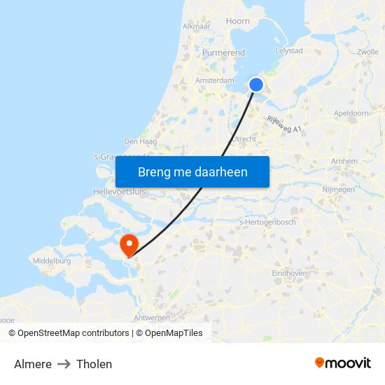 Almere to Tholen map
