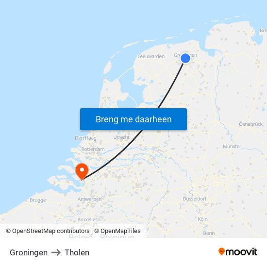 Groningen to Tholen map