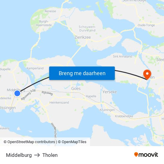 Middelburg to Tholen map