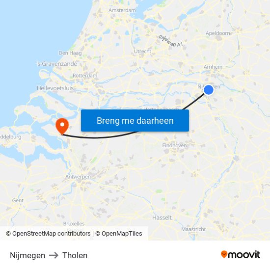 Nijmegen to Tholen map
