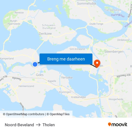 Noord-Beveland to Tholen map