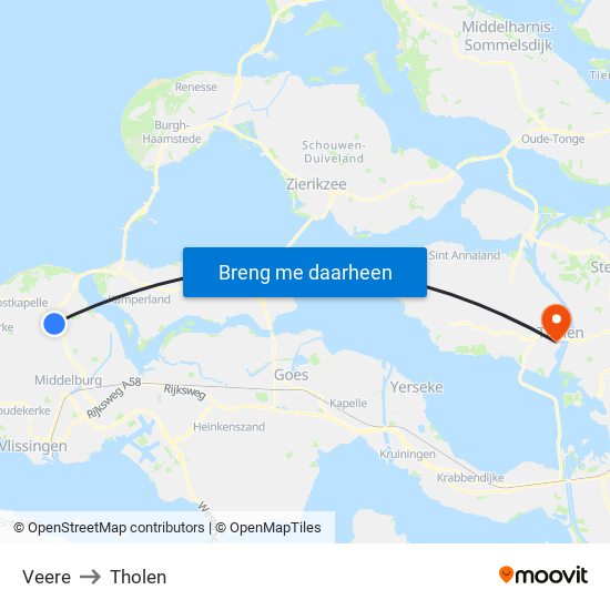 Veere to Tholen map